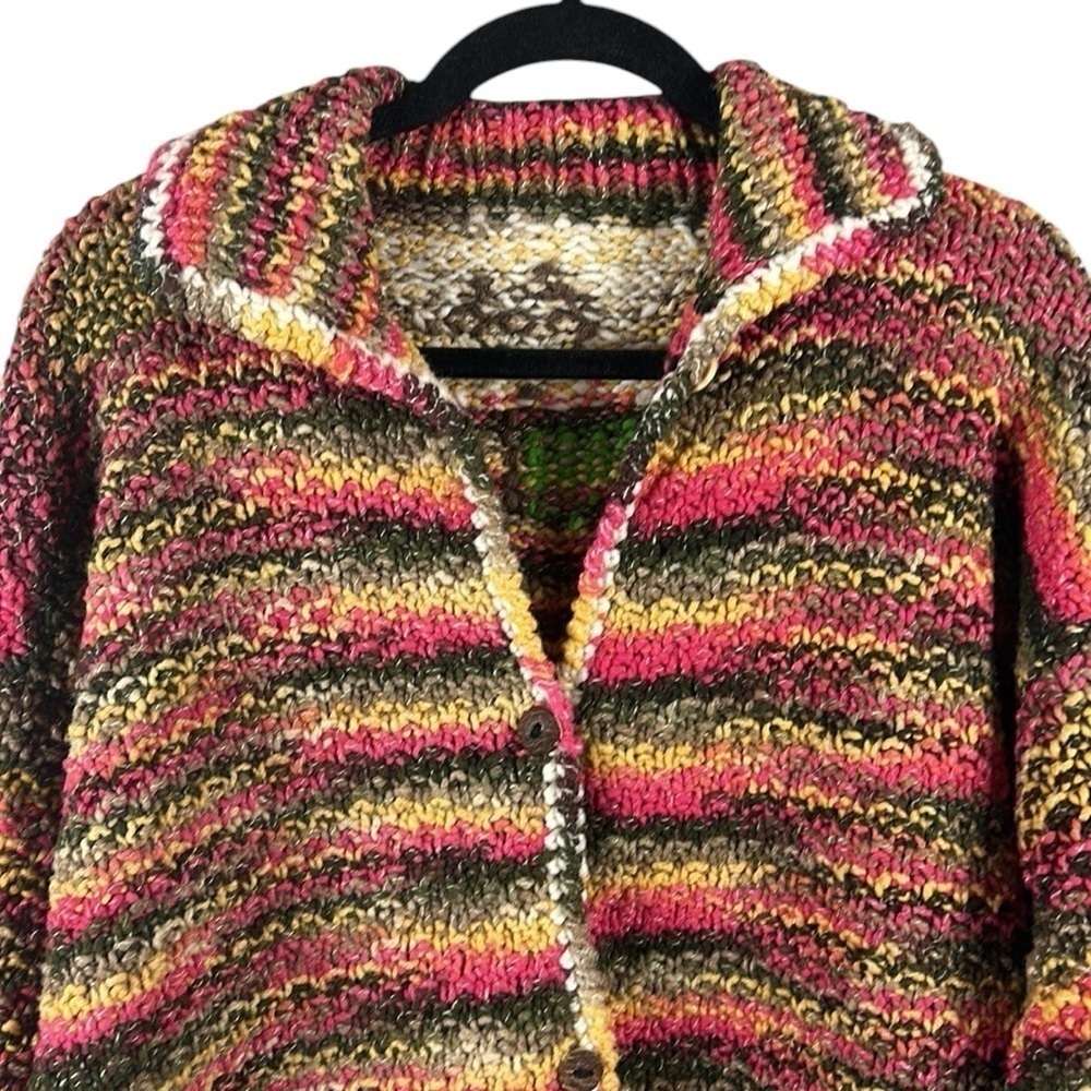 Boho Tight Hand Knit Wool Floral Trim Button Down Sweater Cardigan Coat Size XL - Picture 5 of 7
